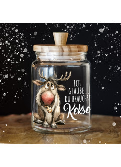 Keksglas Keksdose Rentier Elch Ich glaube du brauchst Kekse Vorratsglas mit lustigen Spruch und Holzdeckel Geschenk ksglb38