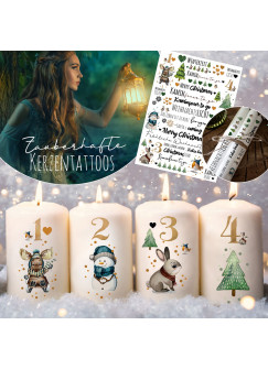 Kerzensticker Kerzentattoos Tattoofolie Weihnachten Christmas Advent Adventskerzen für Kerzen oder Keramik A4 Bogen DIY Stickerbogen für bis zu 40 Kerzen kst20