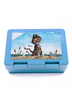 Lunchbox Brotdose blau mit Katze Kater Angelkater & Name Wunschname Geschenk Einschulung Schule Kindergarten LB11