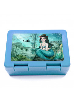 Lunchbox Brotdose blau mit Meerjungfrau versunkenes Schiff & Name Wunschname Geschenk Einschulung Schule Kindergarten LB17