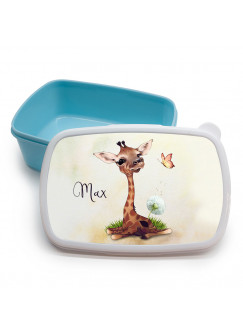 Lunchbox Brotdose blau Giraffe mit Pusteblume & Name Wunschname Geschenk Einschulung Schule Kindergarten LBr22