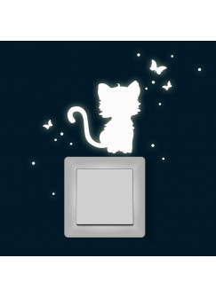 Leuchtsticker Lichtschalteraufkleber Wandtattoo Katze mit Schmetterlinge und Punkten Wandsticker Wandaufkleber fluoreszierend nachtleuchtend M1365