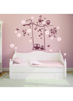 Hauptbild Wandtattoo Eulenschaukel Eulen auf Ast mit Blüten und Schmetterlingen zweifarbig wall decal owl swing owls on branch with blossoms and butterflies bicolor M1024