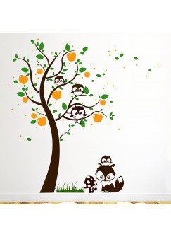 Wandtattoo Baum Apfelbaum mit Eulchen Fuchs Punkte Blätter und Äpfeln dreifarbig M1196