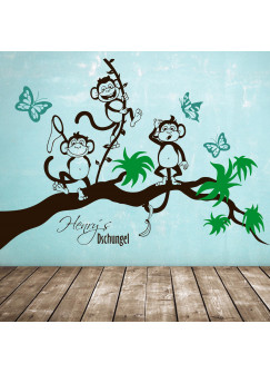 Wandtattoo Affen auf Zweig Äffchen auf Baum mit Schmetterlinge und Wunschname M1494