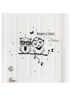 Wandtattoo Türaufkleber Eulen auf Zweig Mit Punkten Schmetterling und Spruch Mommies & Daddies Room M1526