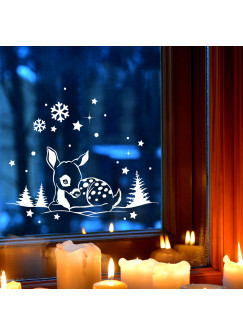 Fensterbild Wandtattoo Reh im Schnee Deko Winter Fensterdeko Schneeflocken Sterne und Punkte M2252