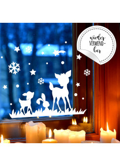 Fensterbild Rehe & Hase Fensterdeko Winterlandschaft + Sterne & Schneeflocken "selbstklebend & wiederverwendbar" für Kinder M2254