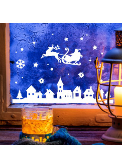 Fensterbild Weihnachtsmann an Weihnachten Winter Fensterdeko Fensterbilder Winterlandschaft + Sterne & Schneeflocken M2263