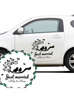 Autoaufkleber Autotattoo Hochzeit Vögel auf Zeig mit Spruch Just married mit Namen M2137