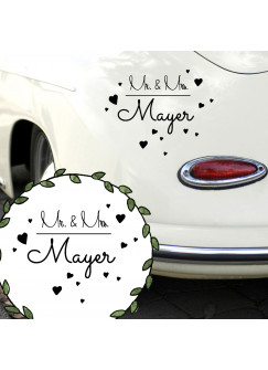 Autoaufkleber Autotattoo Hochzeit Trauung Vermählung Mr. & Mrs. mit Herzen und Namen Car sticker car tattoo wedding mr. and mrs. with hearts and desired name M2142_H.jpg