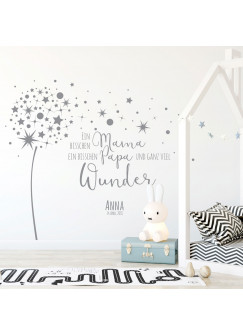 Wandtattoo Babyzimmer Pusteblume Spruch Zitat & Sterne Kinderzimmer Wanddeko Wandgestaltung mit Namen & Datum M2342