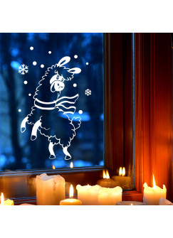 Fensterbild Alpaka Lama im Schnee Schneeflocken Punkte Winterlandschaft Fensterdeko Kinderzimmer M2404