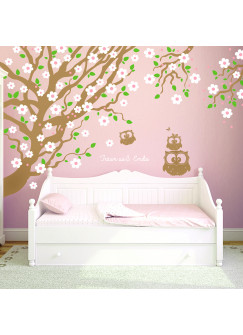 Wandtattoo Kirschbaum mit Eulen Kirschblüten und Spruch träum süß mit Wunschname Wandaufkleber Wandsticker Aufkleber Sticker vierfarbig wall decal cherry tree with owls cherry blossoms saying sweet dreams and custom name wall mural wall tattoo wall sticke