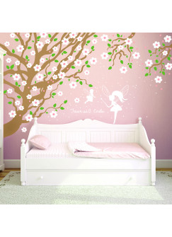 Wandtattoo Kirschbaum mit Eulen Kirschblüten Feen Spruch träum süß und Wunschname vierfarbig M1017