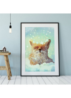 A4 Print süßer Fuchs im Schnee Poster Plakat Winter Druck Kinderposter p105