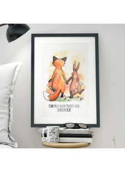 A3 Print Illustration Poster Hase und Fuchs mit Spruch Liebe muss nicht perfekt sein… sondern echt p10