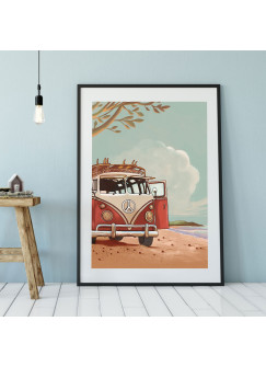 A3 Print bulli Autobus am Strand Poster Bus Plakat Kleinbus Van Druck farbig p111