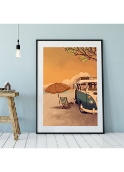 A3 Print Strand mit Bulli Autobus am Meer Poster Bus Plakat Kleinbus Van Druck farbig p112