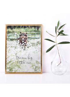 A4 Print Bär Bärenpapa mit Jungtier Pusteblumen Spruch Zitat Poster Plakat Druck Motto "Dream big little one." p144