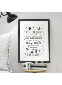 A3 Print Illustration Poster Plakat Spruch "Zuhause ist..." Hausordnung mit Herzen p33