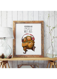 A3 Print Illustration Poster Plakat Eulchen Eule mit Spruch Kopfhörer auf Musik an Welt aus A3 print illustration poster placard owl with quote saying headphones on music on world off p45