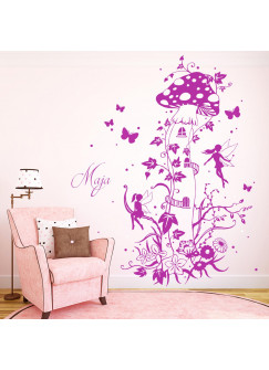 Wandtattoo Elfen und Feen mit Pilzhaus Schmetterlinge Blumen und Wunschnamen M1598