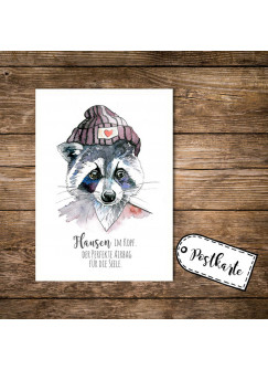 A6 Postkarte Karte Print Illustration Flyer Waschbär mit Spruch Sprichwort Motto Slogan Zitat Flausen im Kopf A6 postcard card print illustration racoon with quote saying sentence motto slogan nonsense in the head pk04