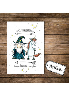 A6 Postkarte Karte Zauberer Magier und Einhorn mit Spruch nur Verrückte hier komm Einhorn... wir gehen A6 Postcard card print wizard magician sorcerer and unicorn with quote saying only crazy people here come on unicorn we go pk08