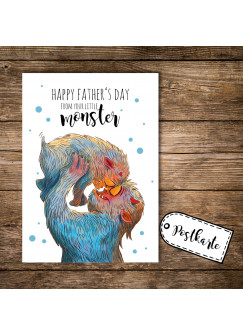 A6 Postkarte Vatertag Print Monster mit Punkten und Spruch happy father's day from your little monster pk109