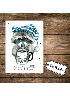 A6 Postkarte Karte Waschbär mit Schlafmütze Kaffeebecher und Spruch wie möchtest du deinen Kaffee? Am liebsten mit dir bitte A6 Postcard card print raccon with night cap coffee mug and quote saying how do you like your coffee? I prefer it with you please 