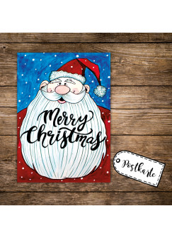 A6 Postkarte Print Weihnachten mit Weihnachtsmann Schneeflocken & Spruch merry christmas pk113