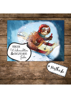 A6 Weihnachtskarte Postkarte Weihnachten Print mit Faultier und Spruch Allerfröhlichste Weihnachten pk118