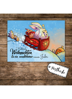 A6 Weihnachtskarte lustige Postkarte Print mit Hase im Schlitten + Spruch fröhliche Weihnachten pk119