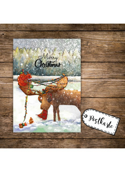 A6 Weihnachtskarte lustige Postkarte Print mit Elch Lichterkette + Spruch merry christmas pk122