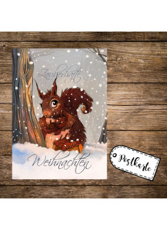 A6 Weihnachtskarte Postkarte Print mit Eichhörnchen im Winterwald & Spruch Zauberhafte Weihnachten pk129