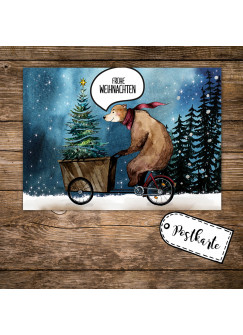 A6 Weihnachtskarte Postkarte Print mit Bär auf Bike im Winterwald + Spruch Frohe Weihnachten pk134