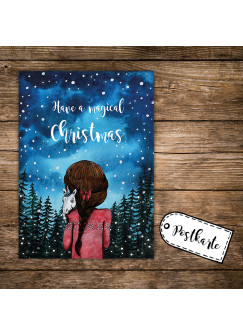 A6 Weihnachtskarte Postkarte Print Mädchen im Wald mit Einhorn & Spruch have a magical christmas pk138