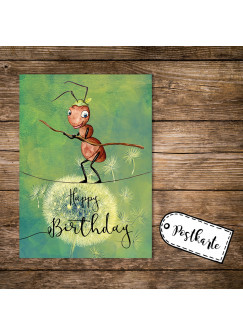 A6 Geburtstagskarte Postkarte Print kleine Ameise & Spruch Happy Birthday pk161