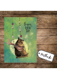 A6 Geburtstagskarte Postkarte Print Bär auf Schaukel mit Spruch Happy Birthday pk165