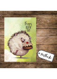 A6 Geburtstagskarte Postkarte Print Igel mit Kuchen & Spruch Happy Birthday pk166