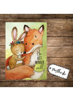 A6 Postkarte Print Fuchs & Hase Häschen mit Spruch Du bist wundervoll pk168