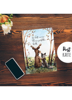 A6 Postkarte Print Tiere Hirsch & Wolf Freunde mit Spruch ...kleine perfekte Welt... pk185