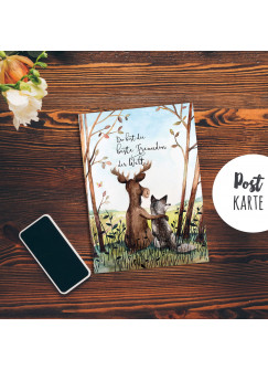 A6 Postkarte Print Tiere Hirsch & Wolf Freundschaftskarte Spruch beste Freundin der Welt pk186