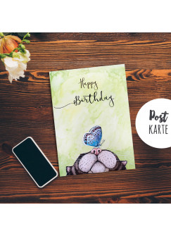 A6 Geburtstagskarte Postkarte Print Katze & Schmetterling mit Spruch Happy Birthday pk189