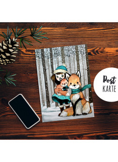 A6 Weihnachtskarte Postkarte Print Mädchen mit Fuchs im Winterwald Grußkarte Karte pk206