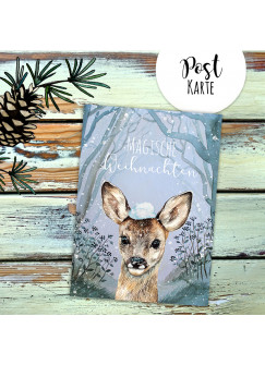 A6 Weihnachtskarte Weihnachtsgrüße Postkarte Print Reh mit Schnee im Winterwald Magische Weihnachten Grußkarte pk228