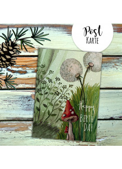 A6 Geburtstagskarte Postkarte Geburtstag Print Pusteblume Pilz im Wald mit Spruch Happy Birthday pk230