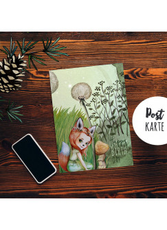 A6 Geburtstagskarte Postkarte Geburtstag Print Fuchsmädchen Pusteblume im Wald mit Spruch Happy Birthday pk231