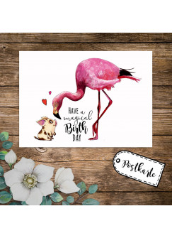 A6 Geburtstagskarte Postkarte Geburtstag Print Flamingo & Schweinchen mit Spruch Have a magical Birthday pk232